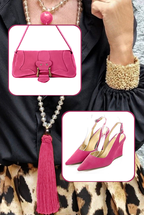 Fuschia pink women's dress handbag, matching pumps and belts. Top view - Florence KOOIJMAN